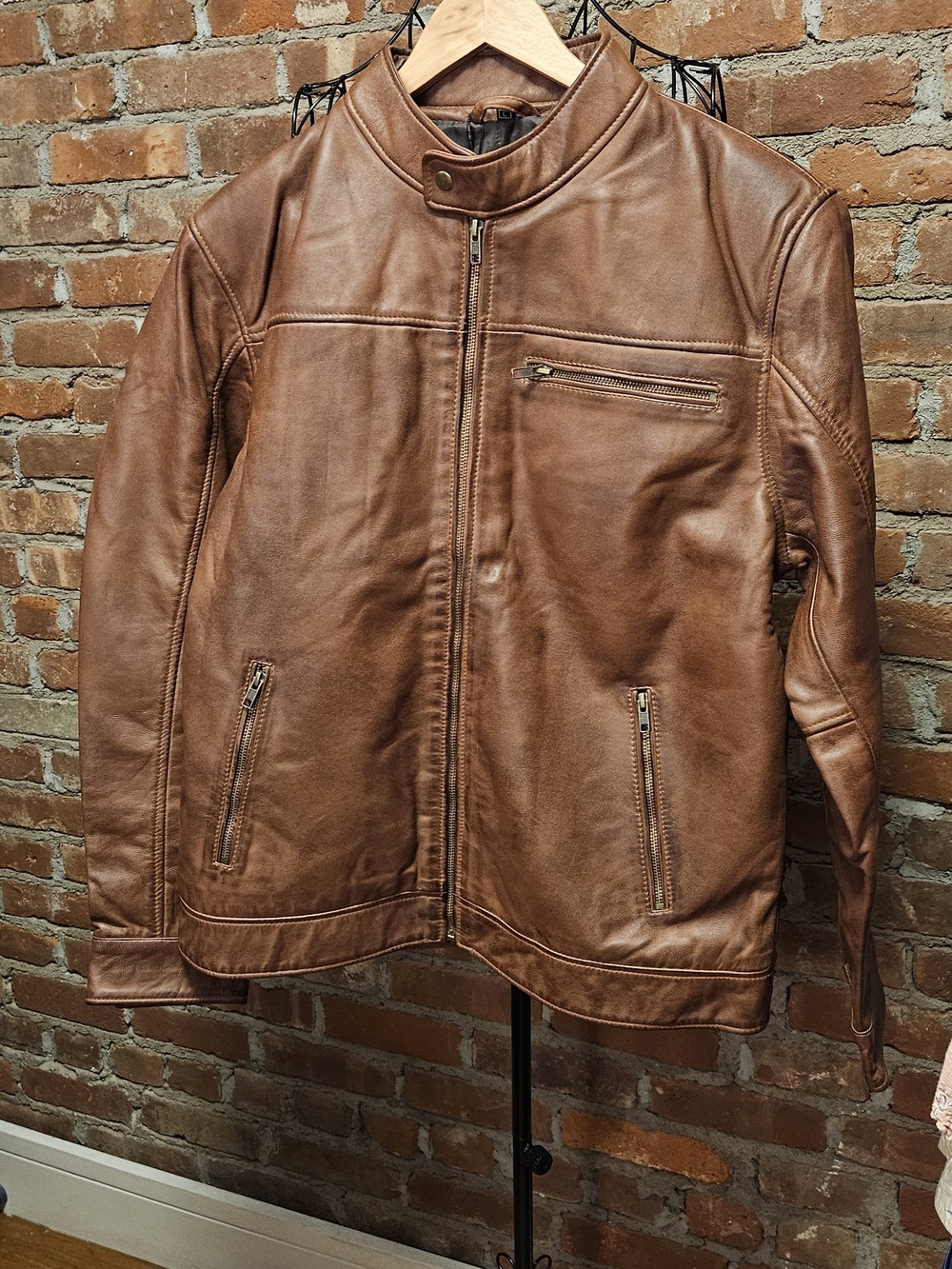 Men's Decrim  Cognac Leather Bomber Jacket with Zip Pockets
